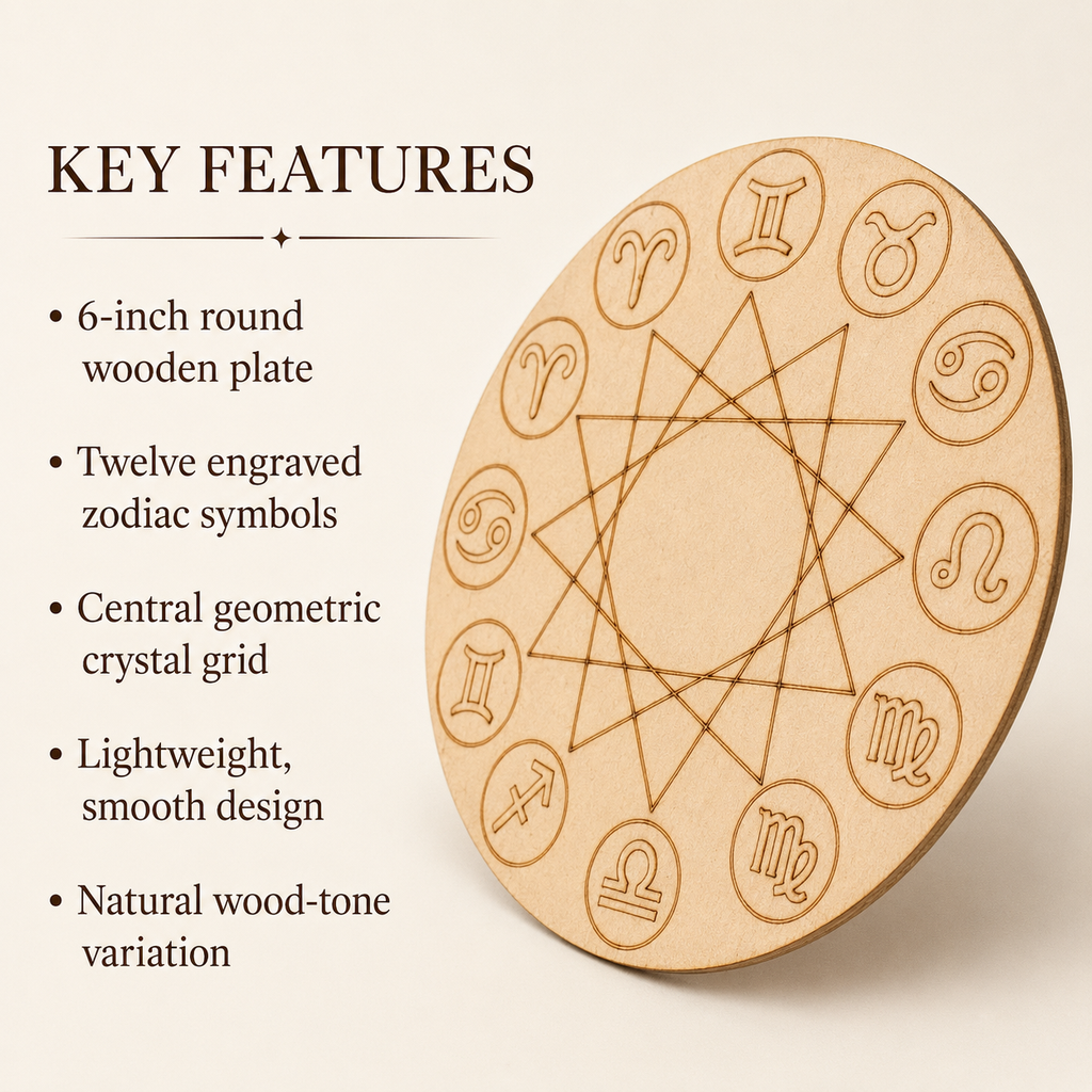Engraved Zodiac Signs Crystal Grid Board, 6" Wooden Crystal Grid Plate | Pyramids & Spheres | Wiccan Center