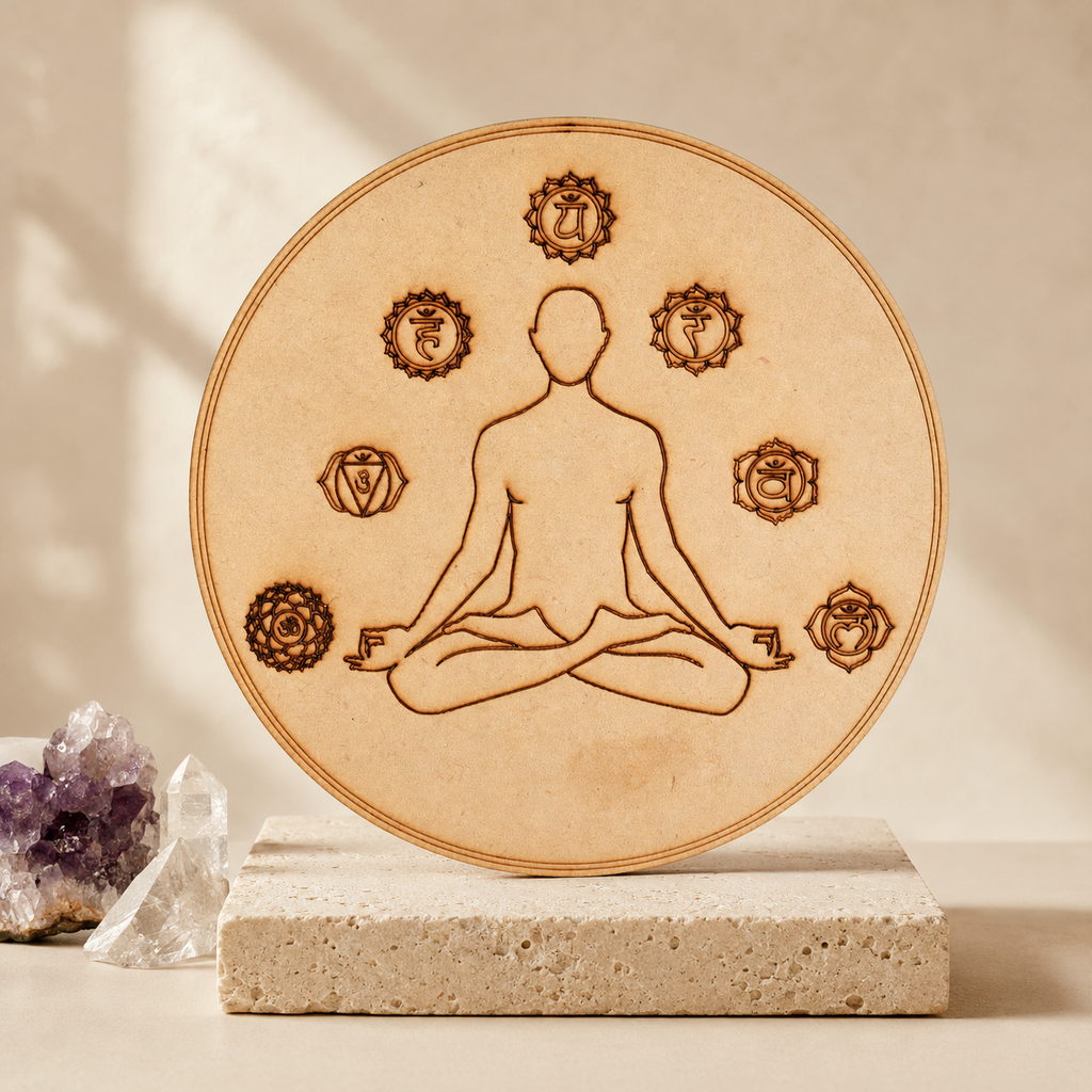 7 Chakra Yoga Crystal Grid Board, 6" Wooden Crystal Grid Plate