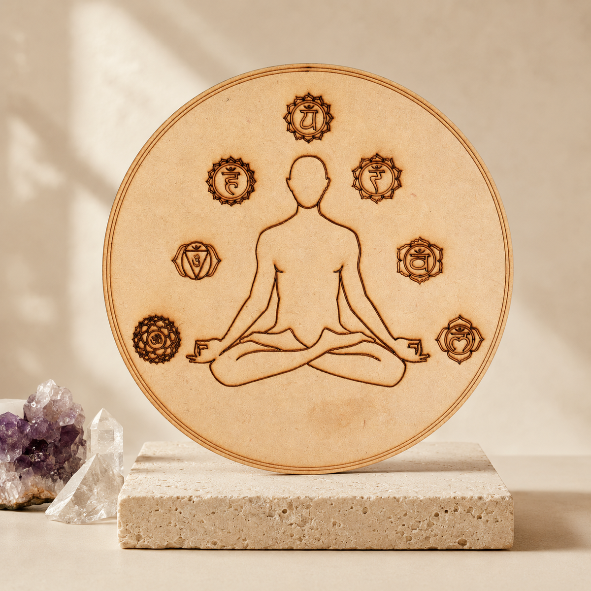 7 Chakra Yoga Crystal Grid Board, 6" Wooden Crystal Grid Plate