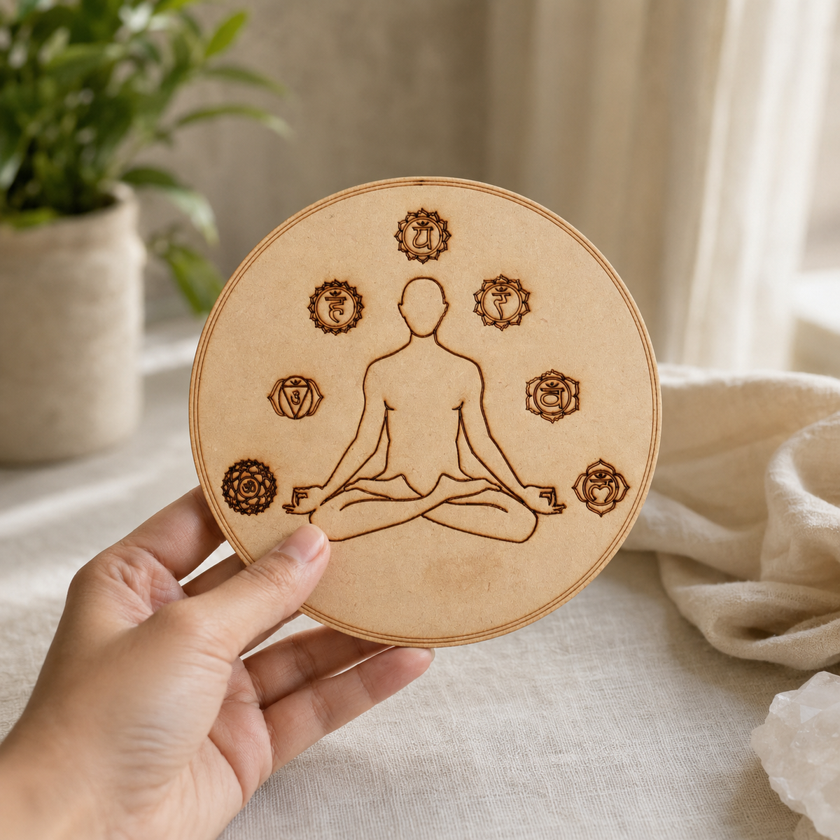 7 Chakra Yoga Crystal Grid Board, 6" Wooden Crystal Grid Plate