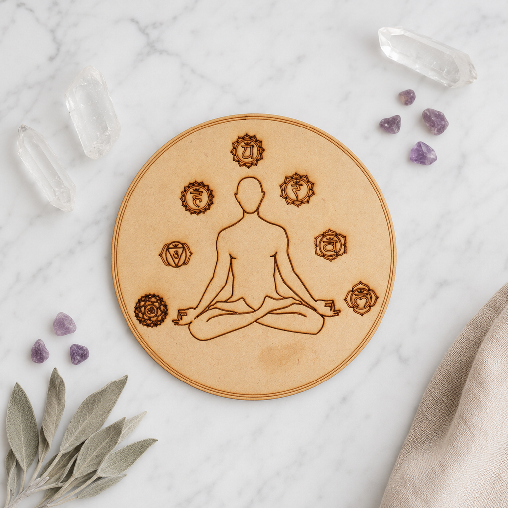 7 Chakra Yoga Crystal Grid Board, 6" Wooden Crystal Grid Plate