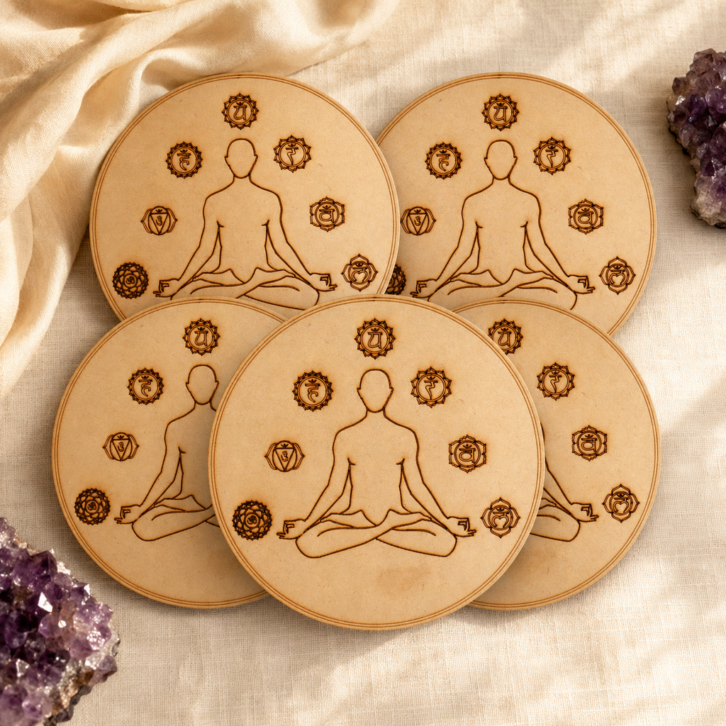 7 Chakra Yoga Crystal Grid Board, 6" Wooden Crystal Grid Plate