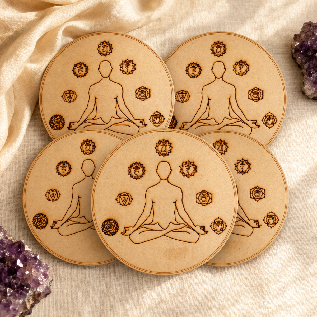 7 Chakra Yoga Crystal Grid Board, 6" Wooden Crystal Grid Plate