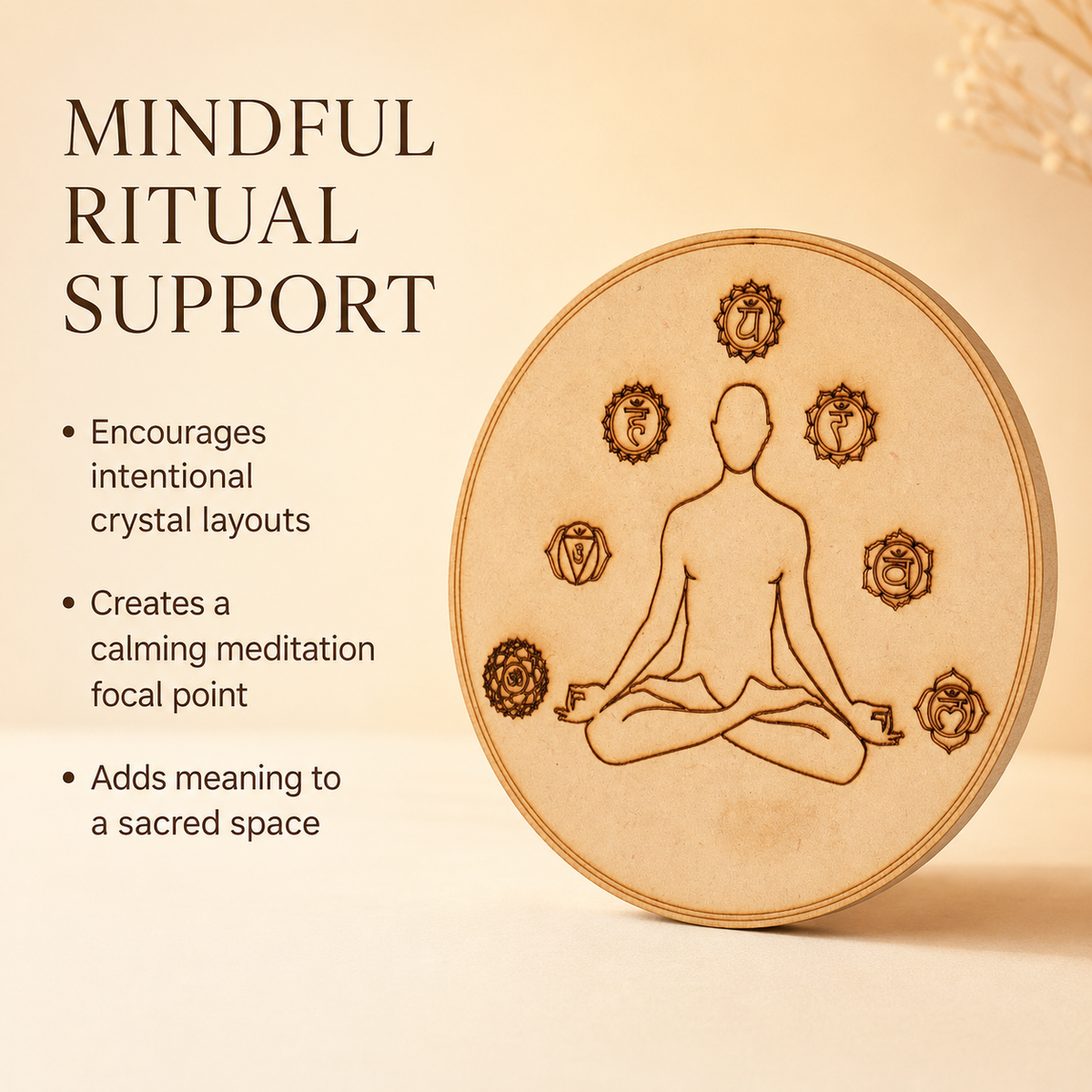 7 Chakra Yoga Crystal Grid Board, 6" Wooden Crystal Grid Plate