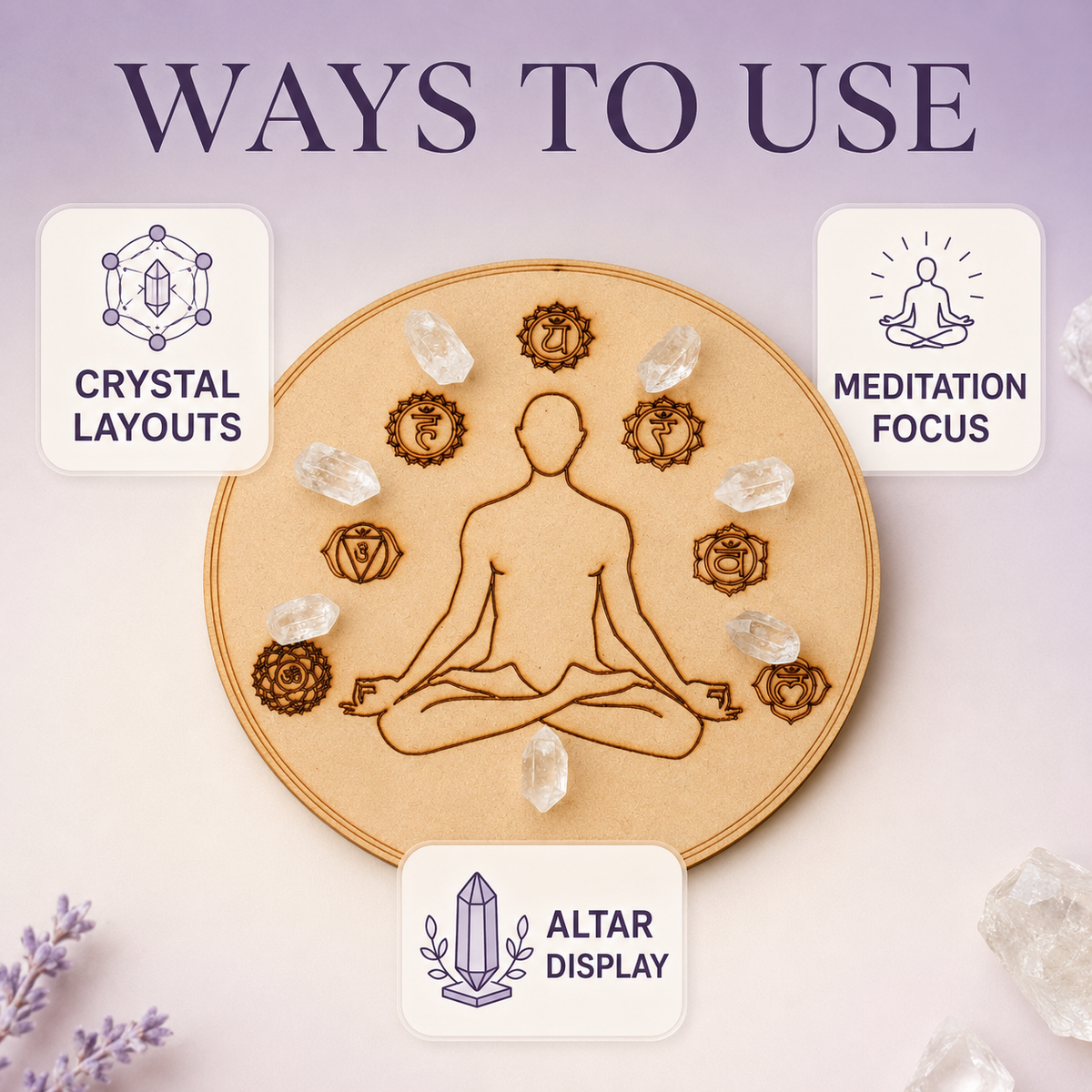 7 Chakra Yoga Crystal Grid Board, 6" Wooden Crystal Grid Plate