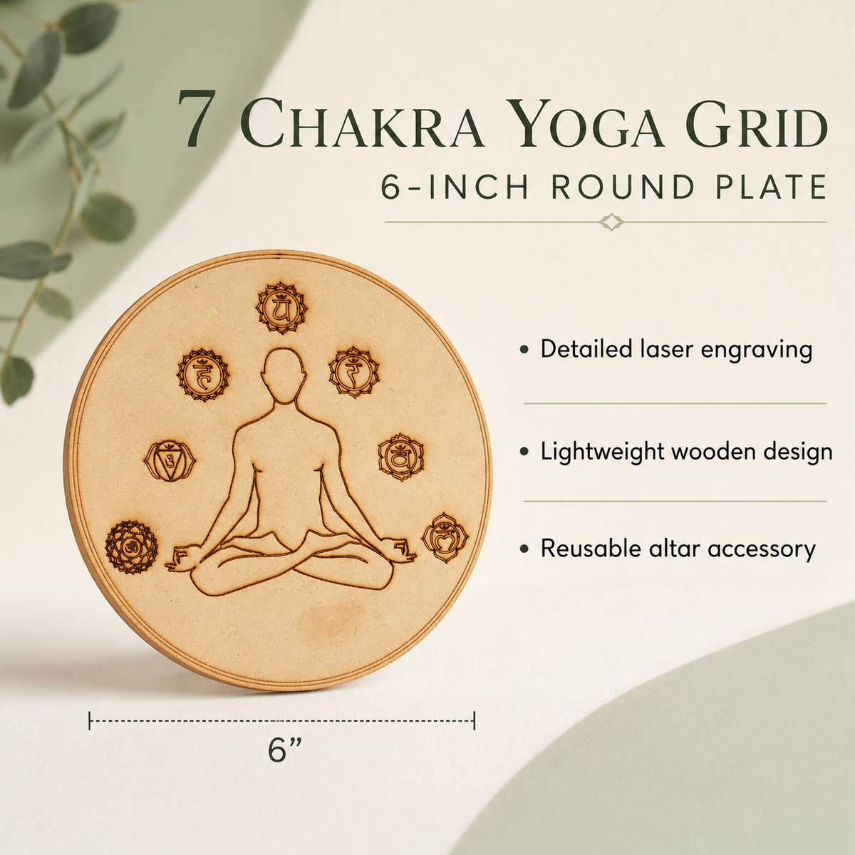 7 Chakra Yoga Crystal Grid Board, 6" Wooden Crystal Grid Plate
