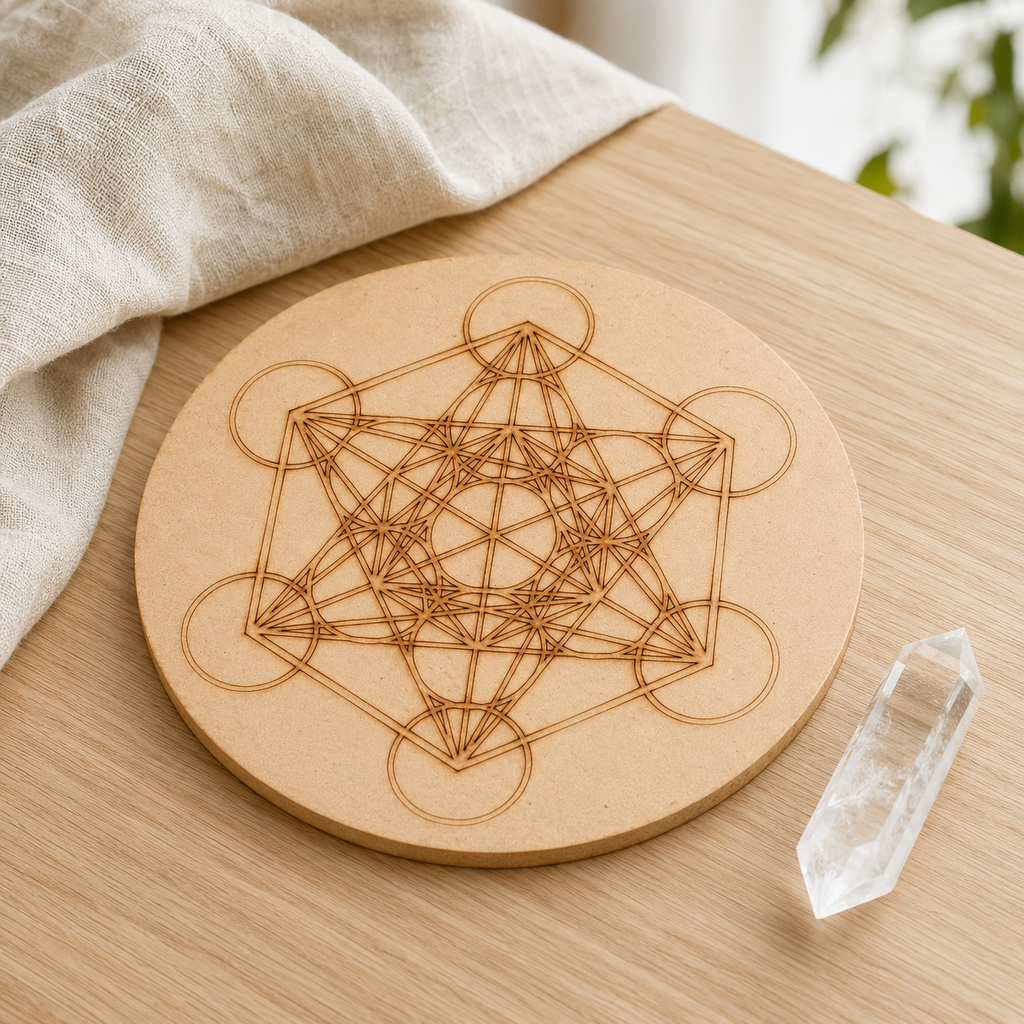 Metatron Cube Crystal Grid Board, 6" Wooden Crystal Grid Plate