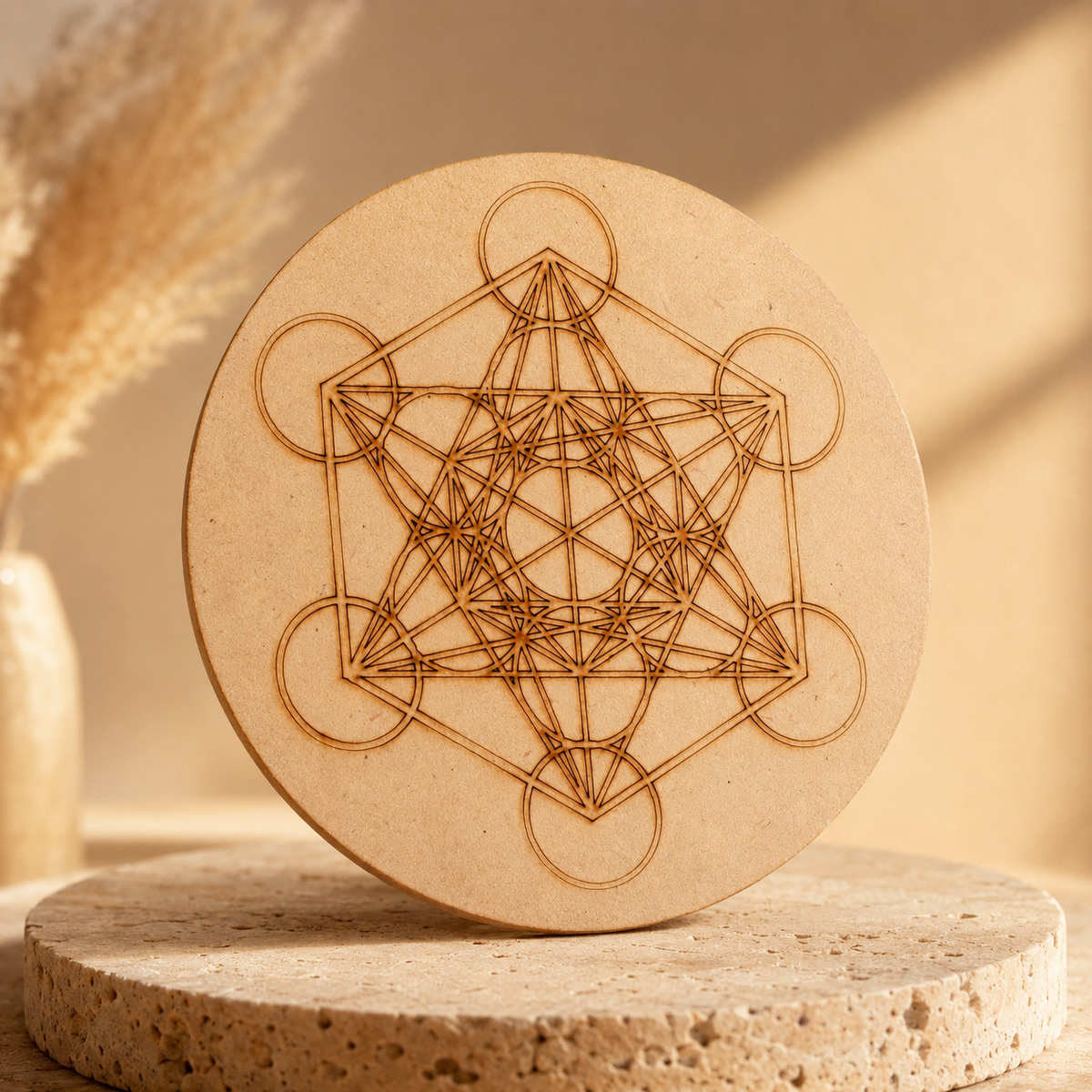 Metatron Cube Crystal Grid Board, 6" Wooden Crystal Grid Plate