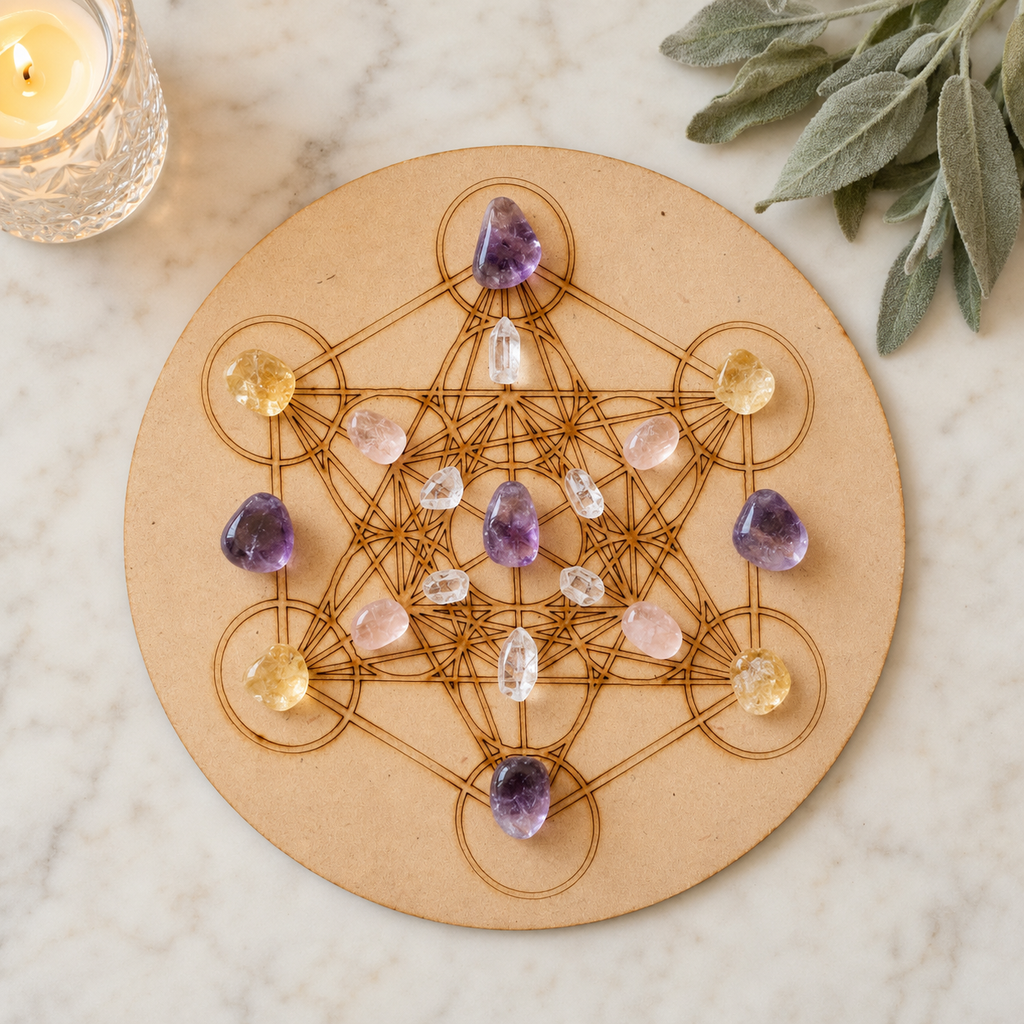 Metatron Cube Crystal Grid Board, 6" Wooden Crystal Grid Plate