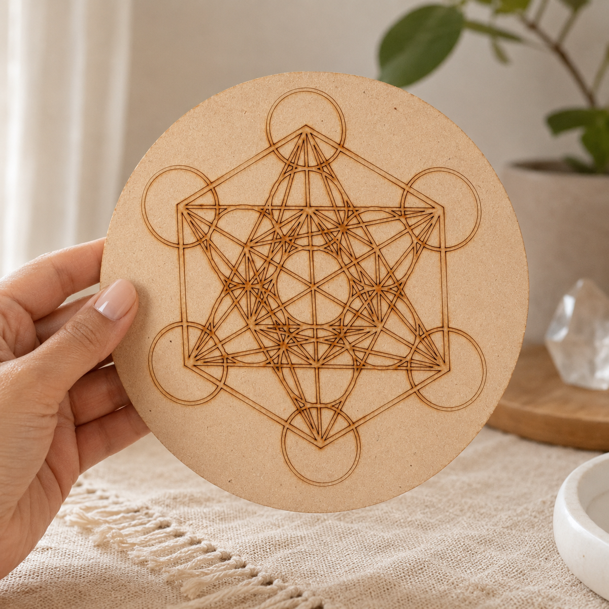 Metatron Cube Crystal Grid Board, 6" Wooden Crystal Grid Plate