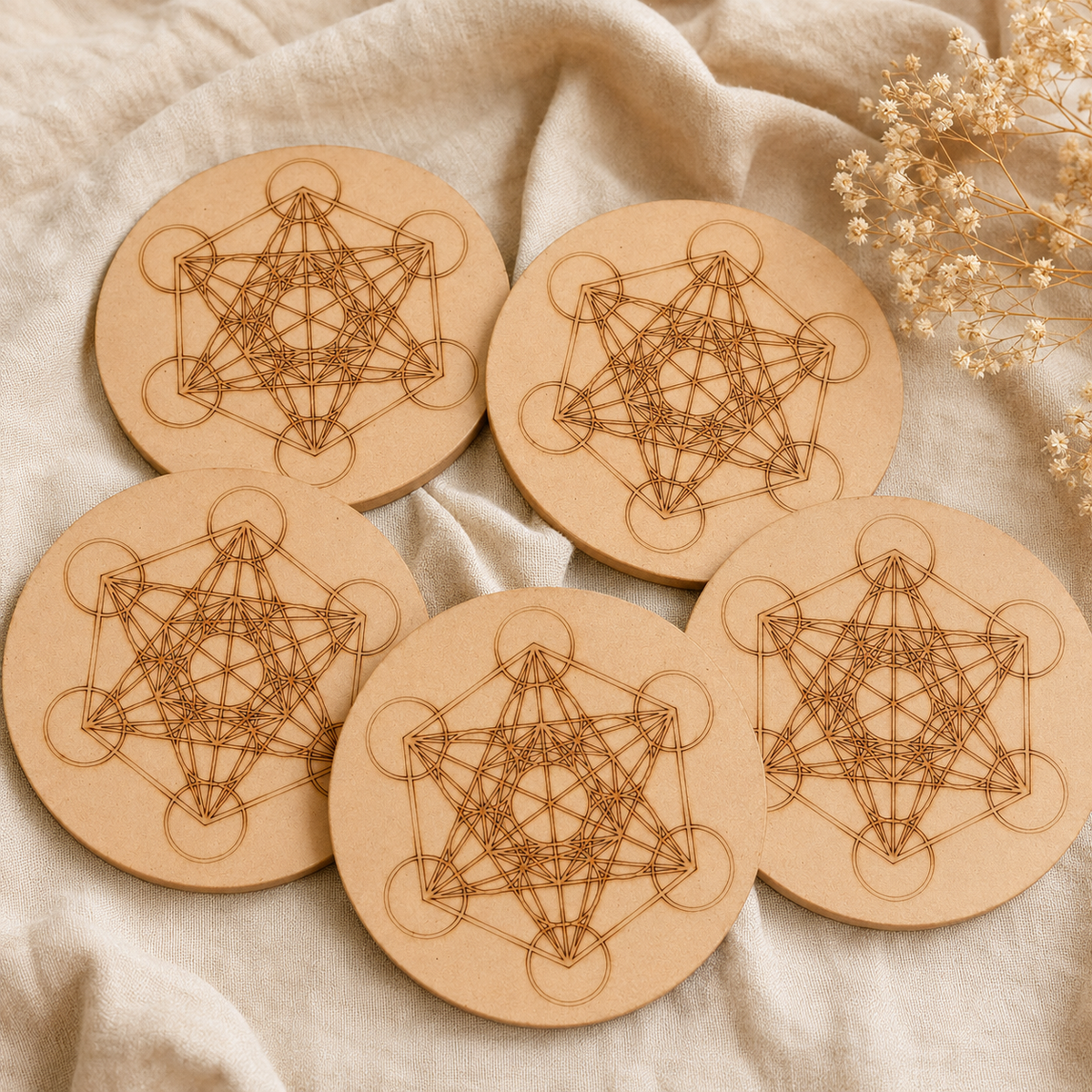 Metatron Cube Crystal Grid Board, 6" Wooden Crystal Grid Plate