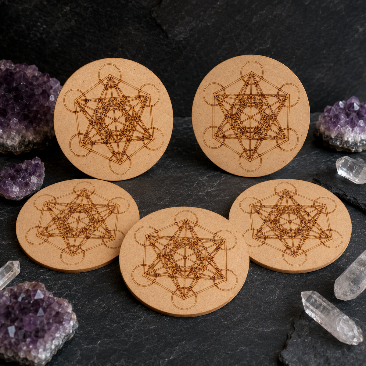 Metatron Cube Crystal Grid Board, 6" Wooden Crystal Grid Plate