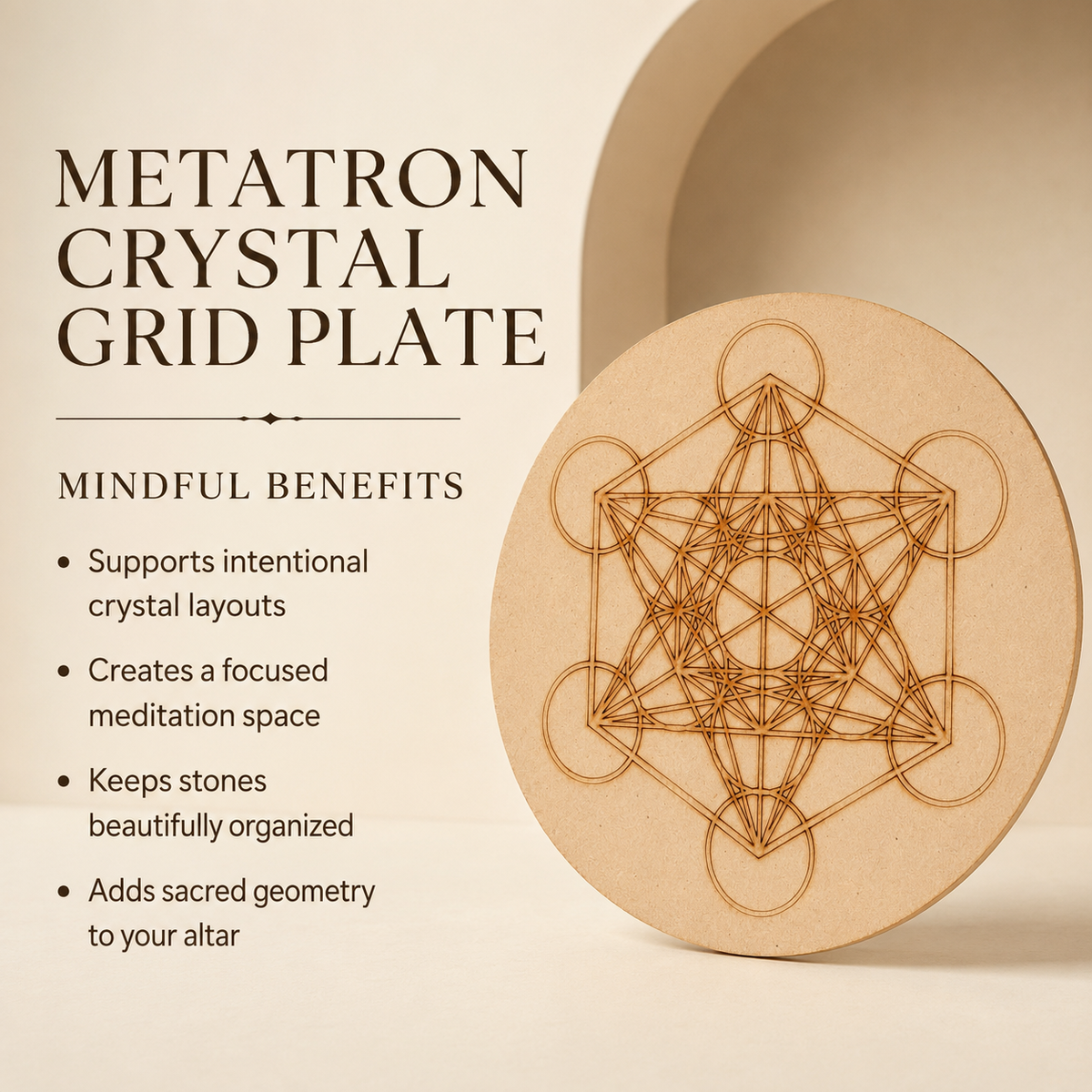 Metatron Cube Crystal Grid Board, 6" Wooden Crystal Grid Plate