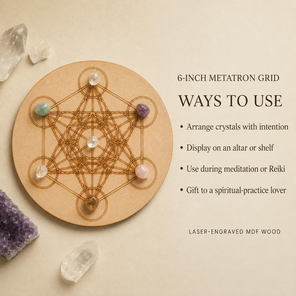 Metatron Cube Crystal Grid Board, 6" Wooden Crystal Grid Plate
