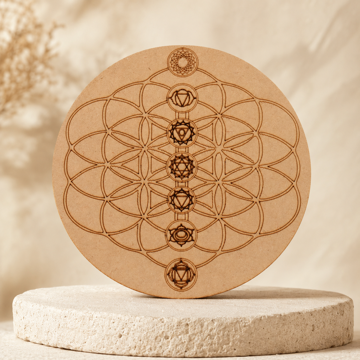 Tree of Life with 7 Chakras Crystal Grid Board, 6" Wooden Crystal Grid Plate | Pyramids & Spheres | Wiccan Center