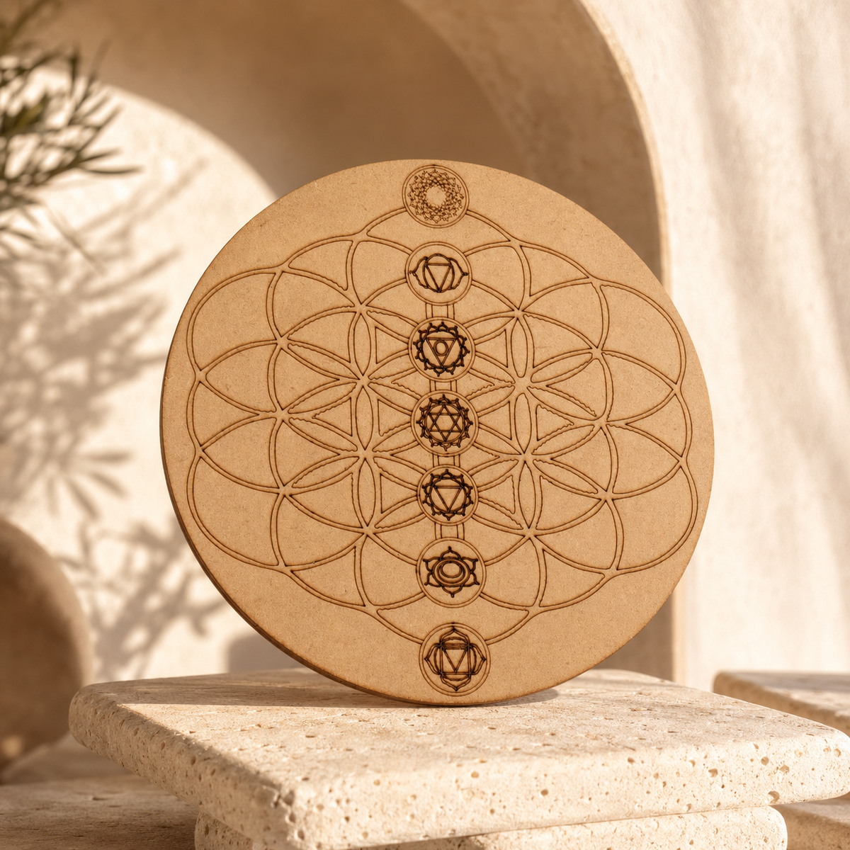 Tree of Life with 7 Chakras Crystal Grid Board, 6" Wooden Crystal Grid Plate | Pyramids & Spheres | Wiccan Center