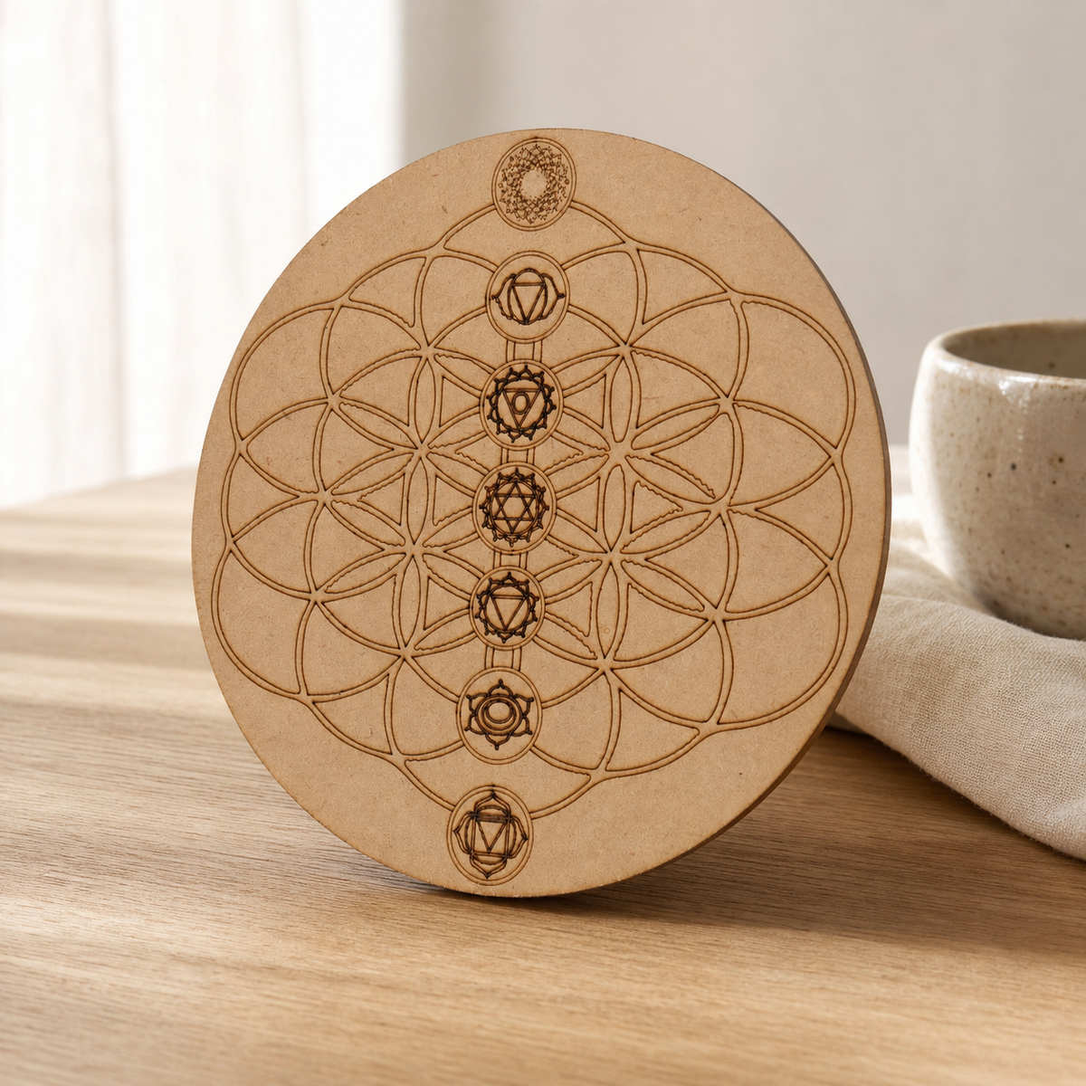 Tree of Life with 7 Chakras Crystal Grid Board, 6" Wooden Crystal Grid Plate | Pyramids & Spheres | Wiccan Center