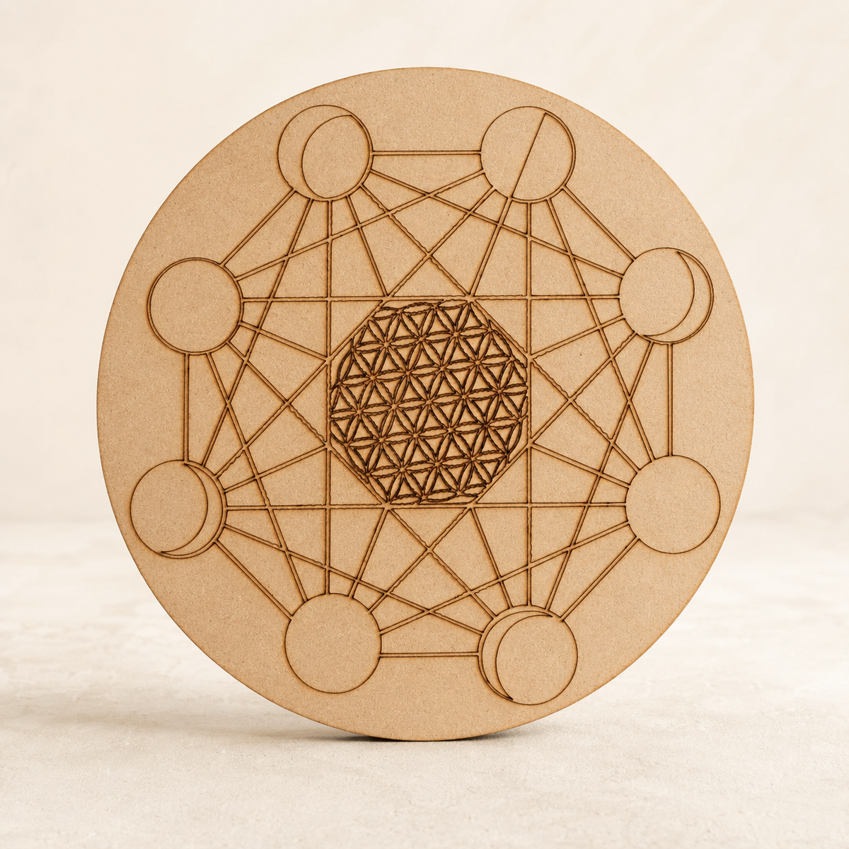 Moon Phase Crystal Grid Board, 6" Wooden Crystal Grid Plate
