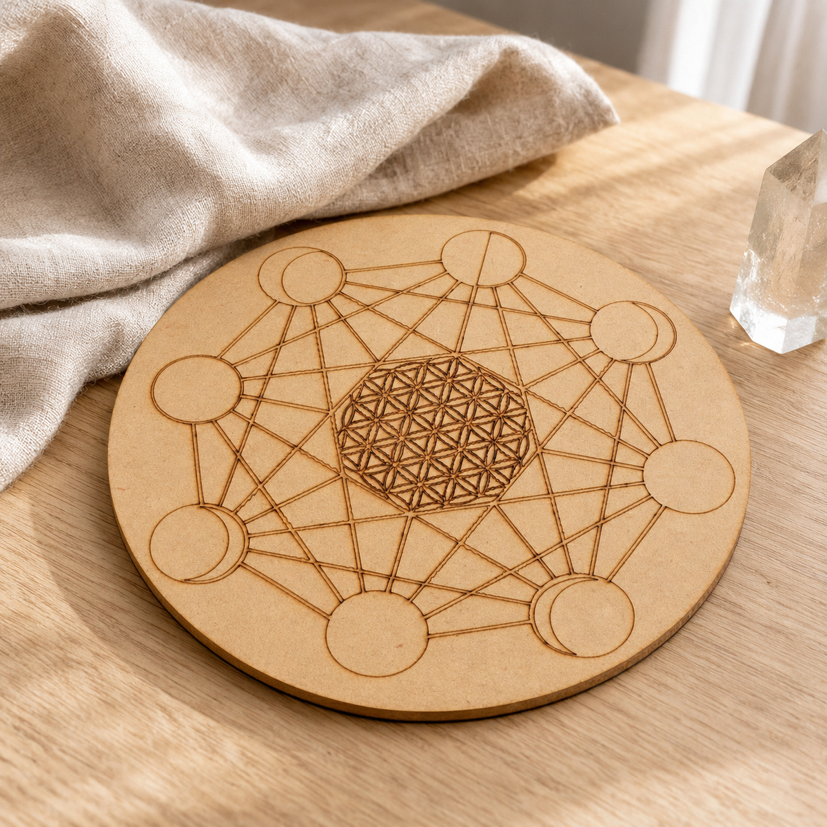 Moon Phase Crystal Grid Board, 6" Wooden Crystal Grid Plate