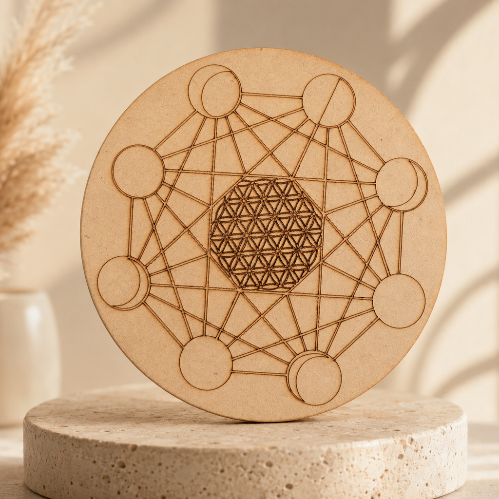 Moon Phase Crystal Grid Board, 6" Wooden Crystal Grid Plate