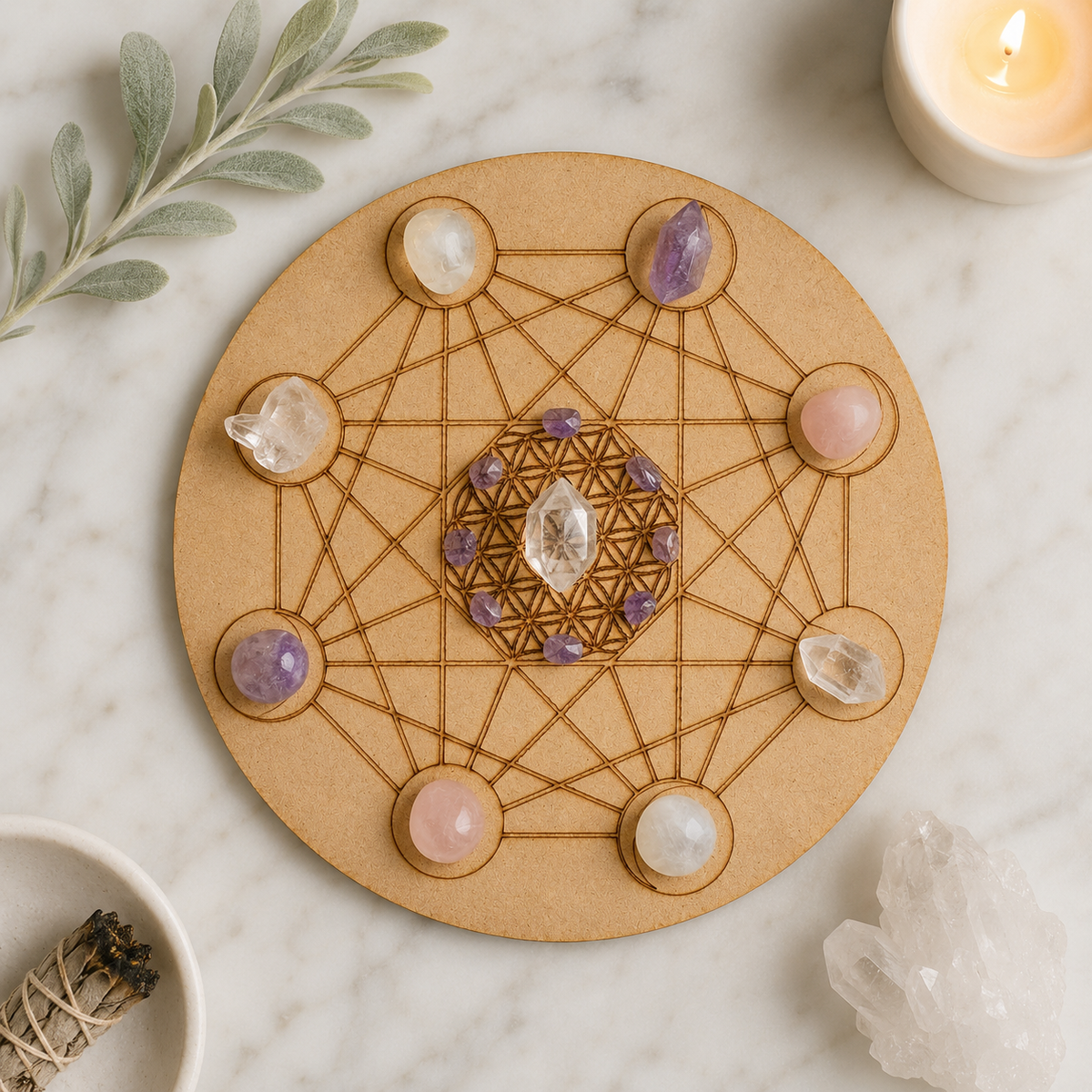 Moon Phase Crystal Grid Board, 6" Wooden Crystal Grid Plate