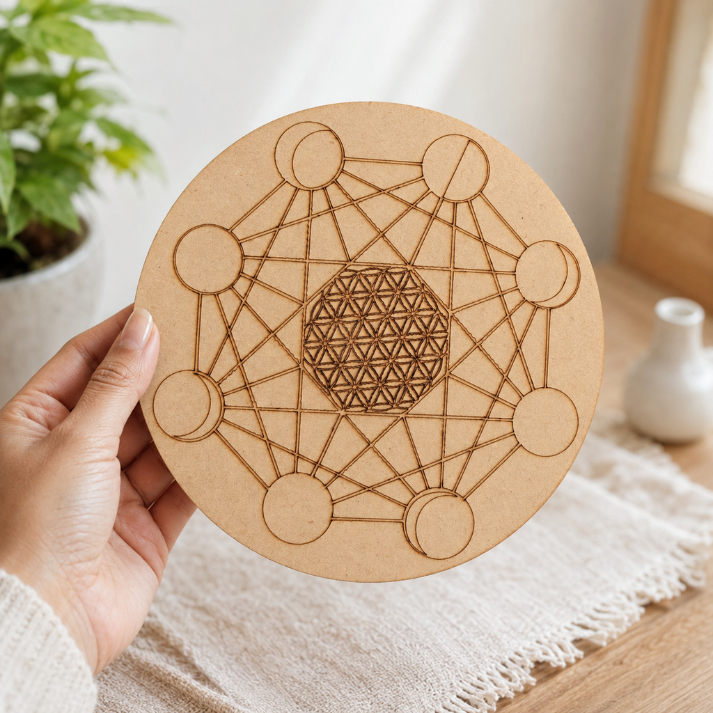 Moon Phase Crystal Grid Board, 6" Wooden Crystal Grid Plate