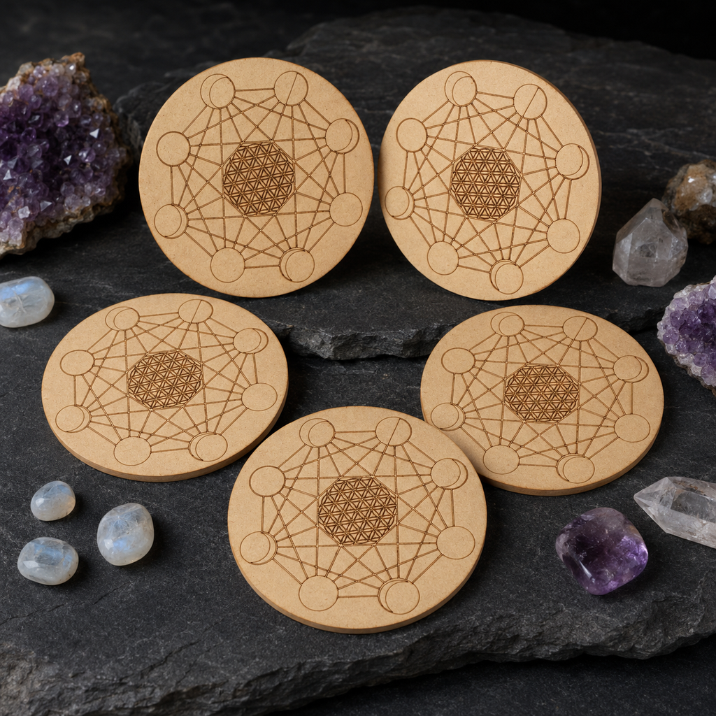 Moon Phase Crystal Grid Board, 6" Wooden Crystal Grid Plate