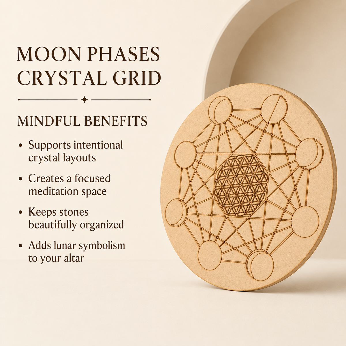 Moon Phase Crystal Grid Board, 6" Wooden Crystal Grid Plate
