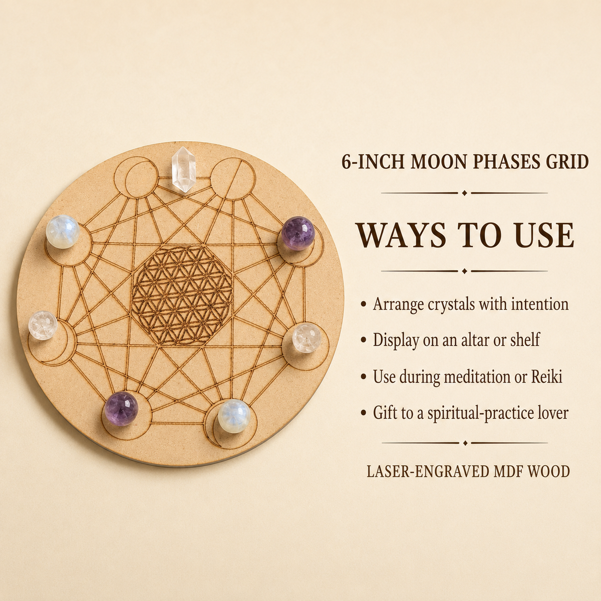 Moon Phase Crystal Grid Board, 6" Wooden Crystal Grid Plate