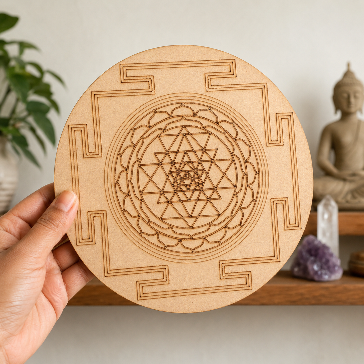 Shri Yantra Crystal Grid Board, 6" Wooden Crystal Grid Plate | Pyramids & Spheres | Wiccan Center