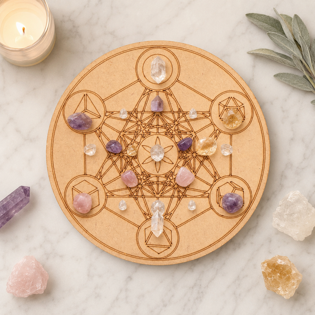 Sacred Geometry Crystal Grid Board, 6" Wooden Crystal Grid Plate