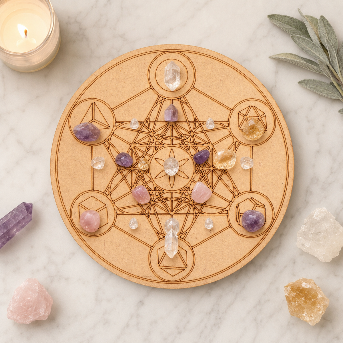 Sacred Geometry Crystal Grid Board, 6" Wooden Crystal Grid Plate