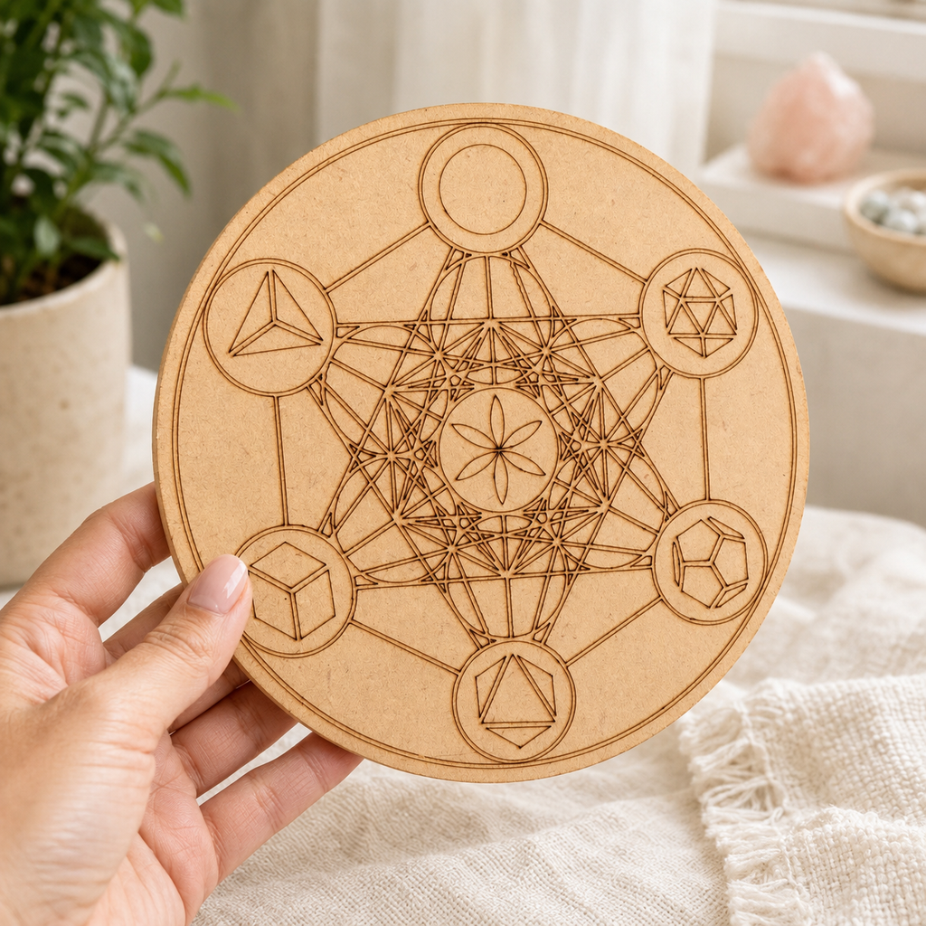 Sacred Geometry Crystal Grid Board, 6" Wooden Crystal Grid Plate