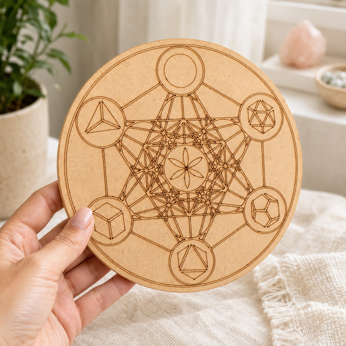 Sacred Geometry Crystal Grid Board, 6" Wooden Crystal Grid Plate