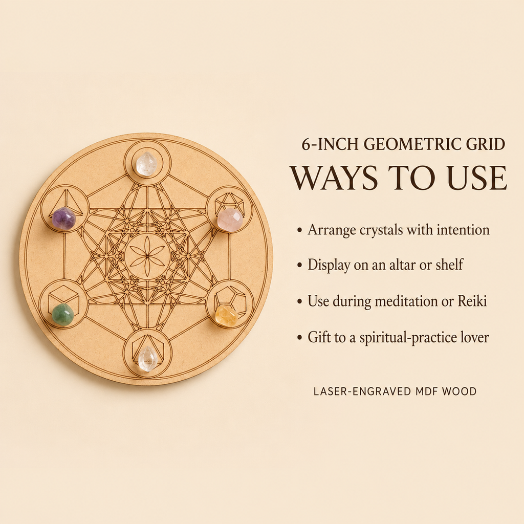 Sacred Geometry Crystal Grid Board, 6" Wooden Crystal Grid Plate