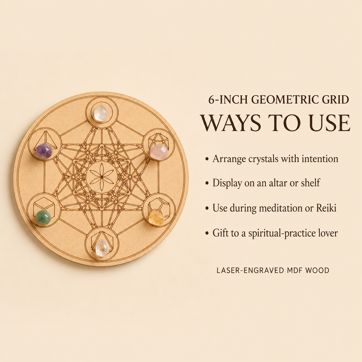 Sacred Geometry Crystal Grid Board, 6" Wooden Crystal Grid Plate