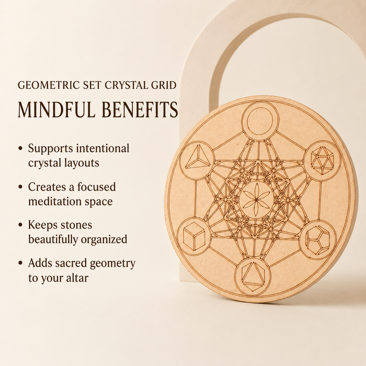 Sacred Geometry Crystal Grid Board, 6" Wooden Crystal Grid Plate