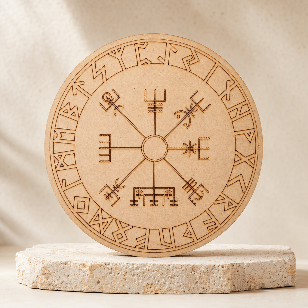 Norse Runes Crystal Grid Board, Wooden 6" Vegvisir Grid Plate | Pyramids & Spheres | Wiccan Center