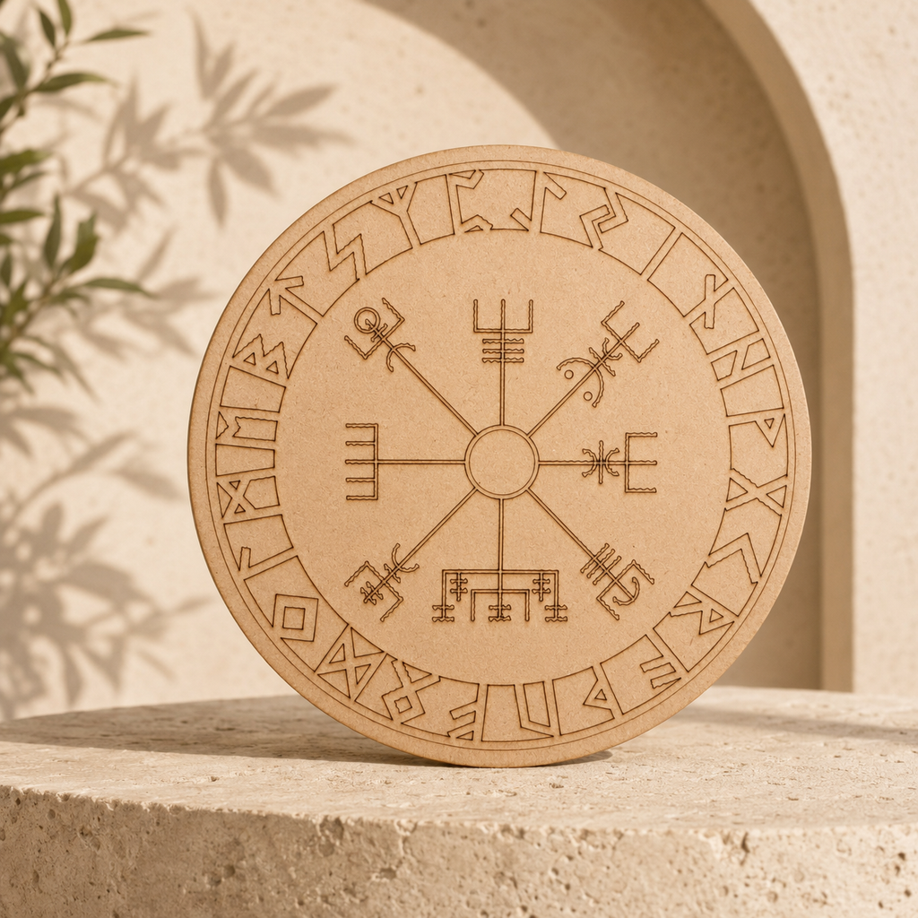 Norse Runes Crystal Grid Board, Wooden 6" Vegvisir Grid Plate | Pyramids & Spheres | Wiccan Center