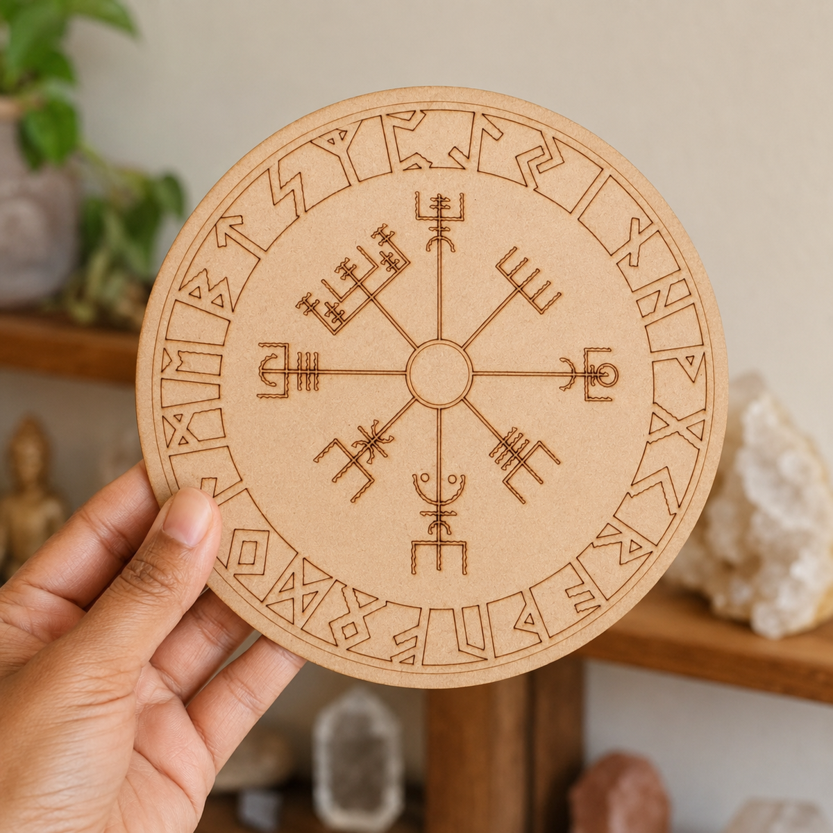 Norse Runes Crystal Grid Board, Wooden 6" Vegvisir Grid Plate