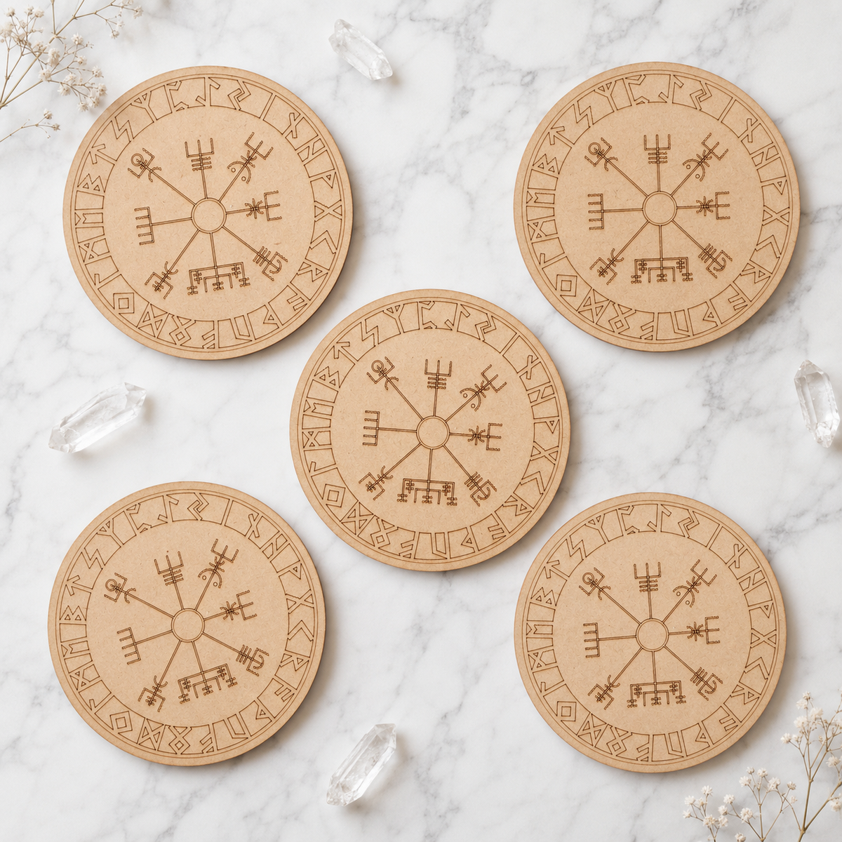 Norse Runes Crystal Grid Board, Wooden 6" Vegvisir Grid Plate