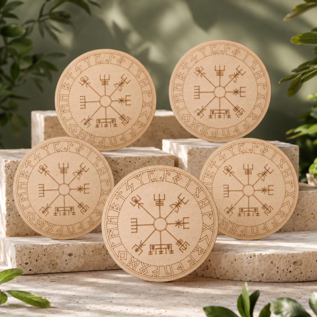 Norse Runes Crystal Grid Board, Wooden 6" Vegvisir Grid Plate | Pyramids & Spheres | Wiccan Center