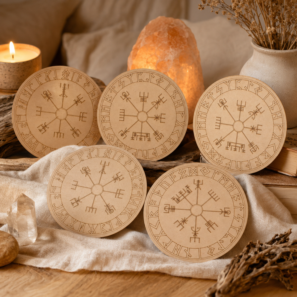 Norse Runes Crystal Grid Board, Wooden 6" Vegvisir Grid Plate | Pyramids & Spheres | Wiccan Center