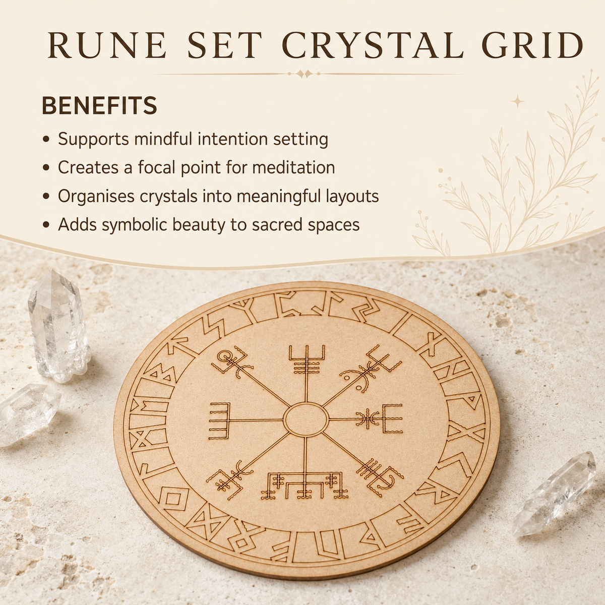 Norse Runes Crystal Grid Board, Wooden 6" Vegvisir Grid Plate | Pyramids & Spheres | Wiccan Center