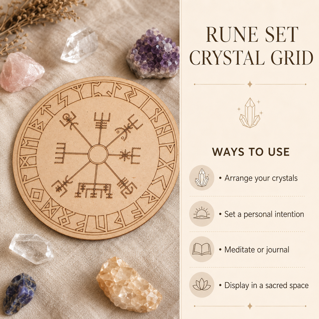 Norse Runes Crystal Grid Board, Wooden 6" Vegvisir Grid Plate | Pyramids & Spheres | Wiccan Center