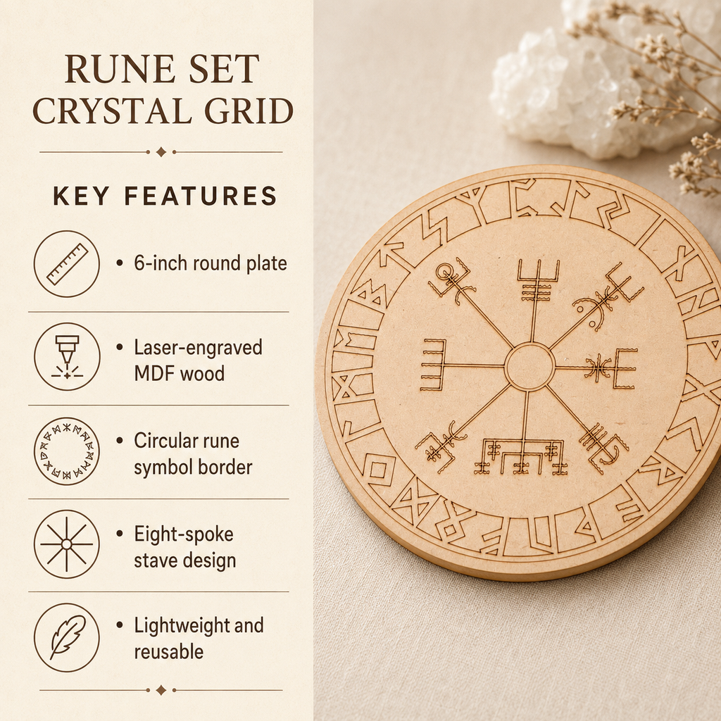 Norse Runes Crystal Grid Board, Wooden 6" Vegvisir Grid Plate | Pyramids & Spheres | Wiccan Center