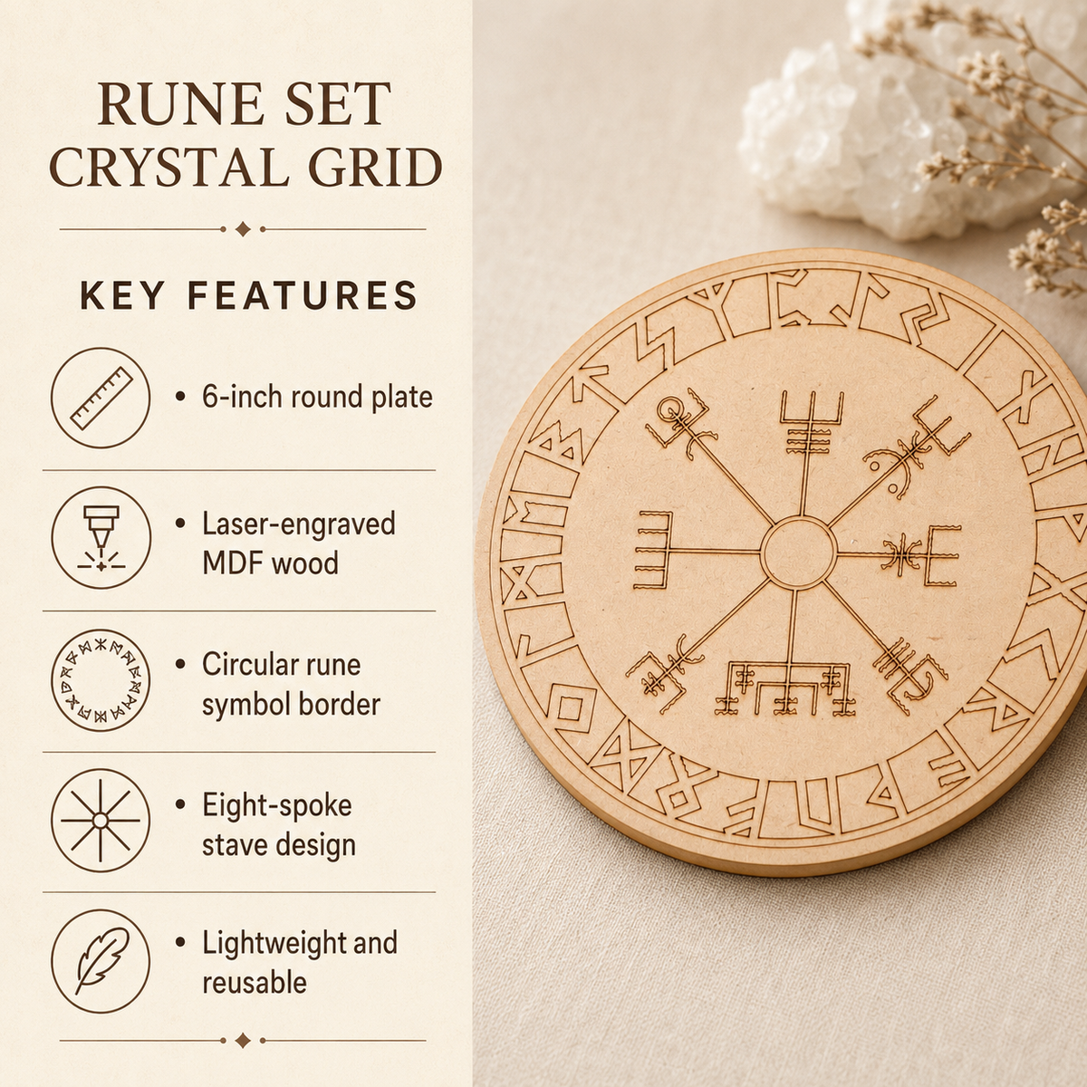 Norse Runes Crystal Grid Board, Wooden 6" Vegvisir Grid Plate | Pyramids & Spheres | Wiccan Center