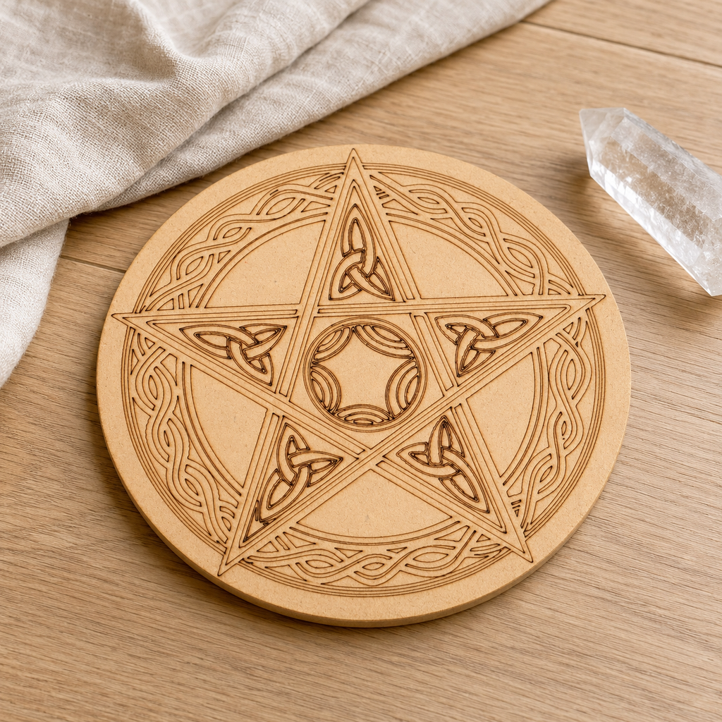 Pentacle Crystal Grid Board, 6" Wooden Crystal Grid Plate