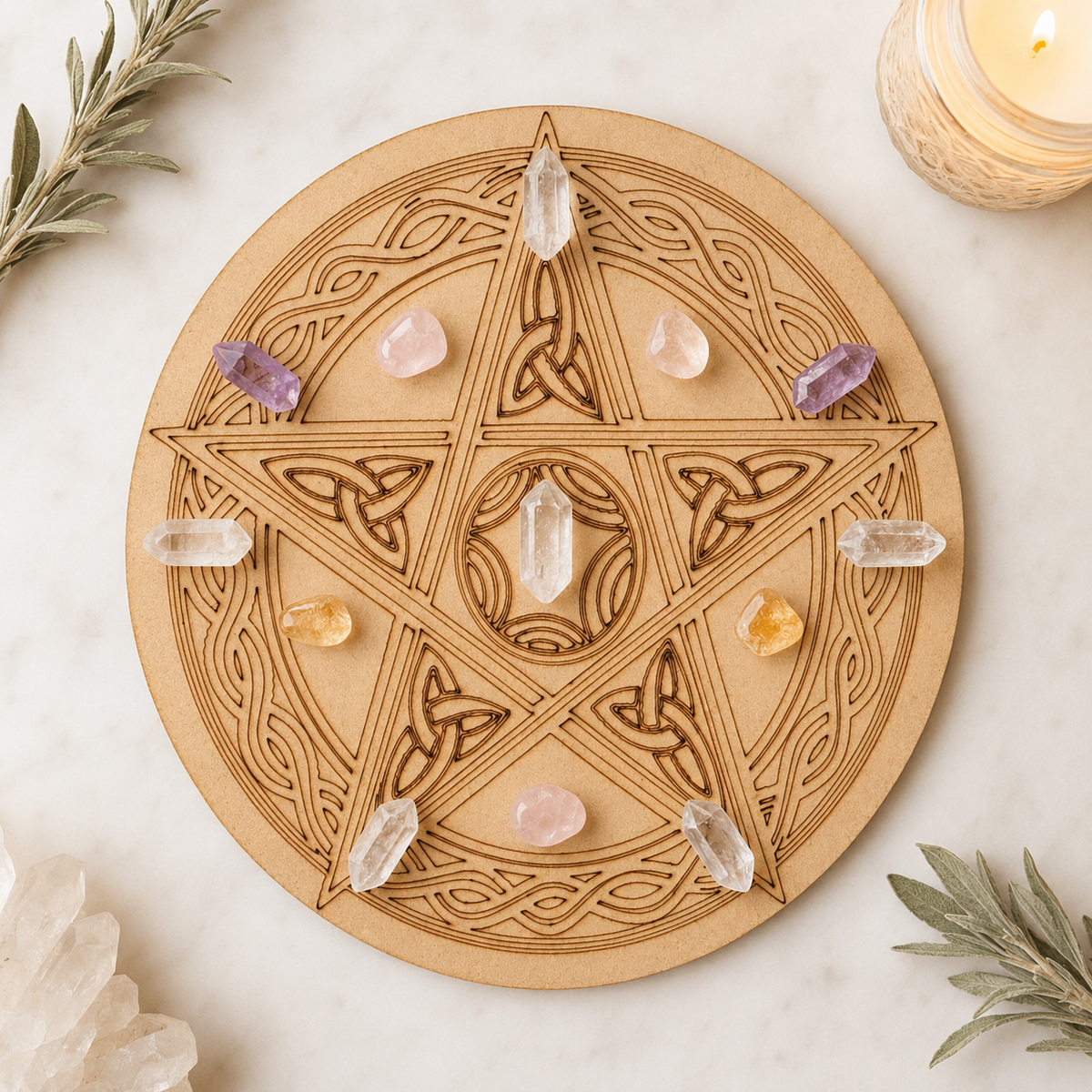 Pentacle Crystal Grid Board, 6" Wooden Crystal Grid Plate