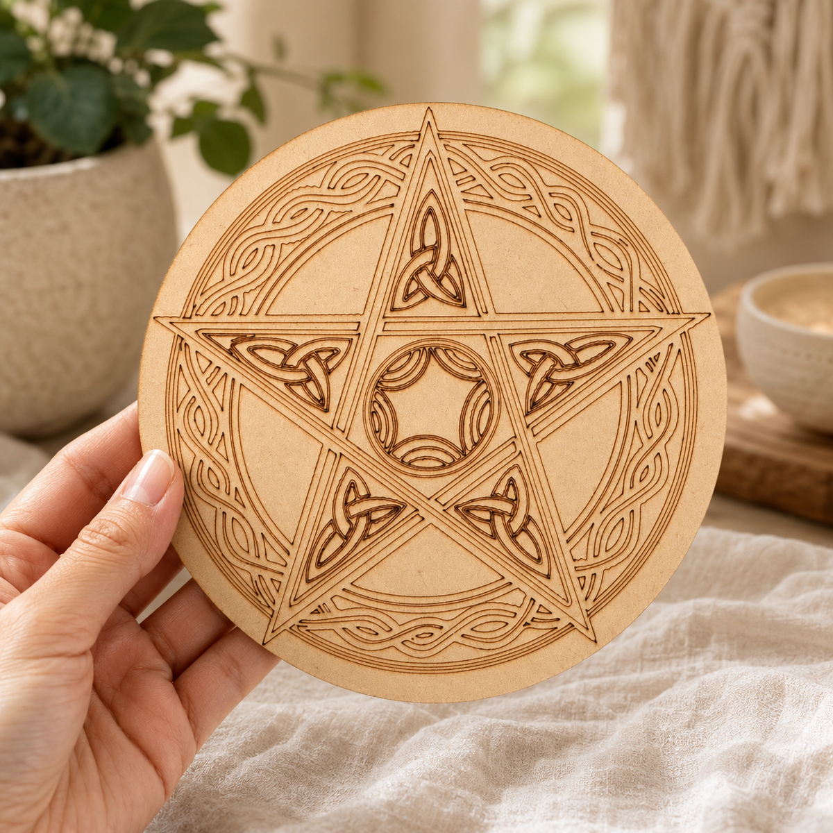 Pentacle Crystal Grid Board, 6" Wooden Crystal Grid Plate